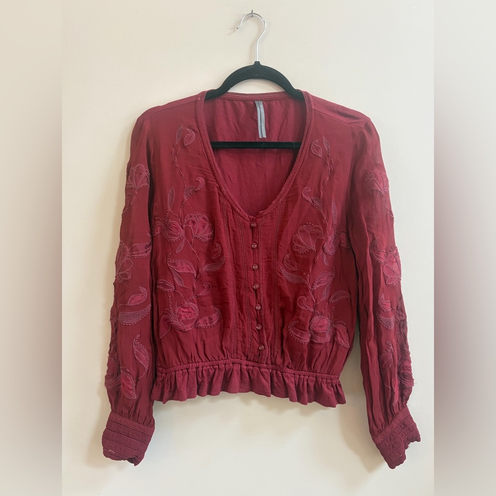 Anthropologie Embroidered Floral Button Down Boho Casual V-Neck Shirt Top Blouse